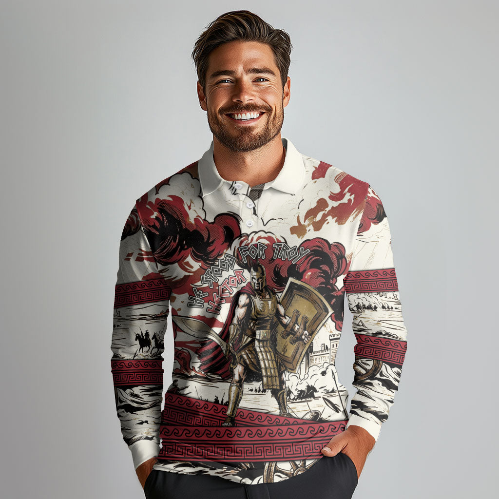 Hector Iliad Stood For Troy Long Sleeve Polo Shirt Ancient Greek Trojan Prince Hector Sword Shield Battle