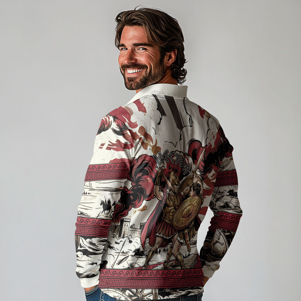 Hector Iliad Stood For Troy Long Sleeve Polo Shirt Ancient Greek Trojan Prince Hector Sword Shield Battle