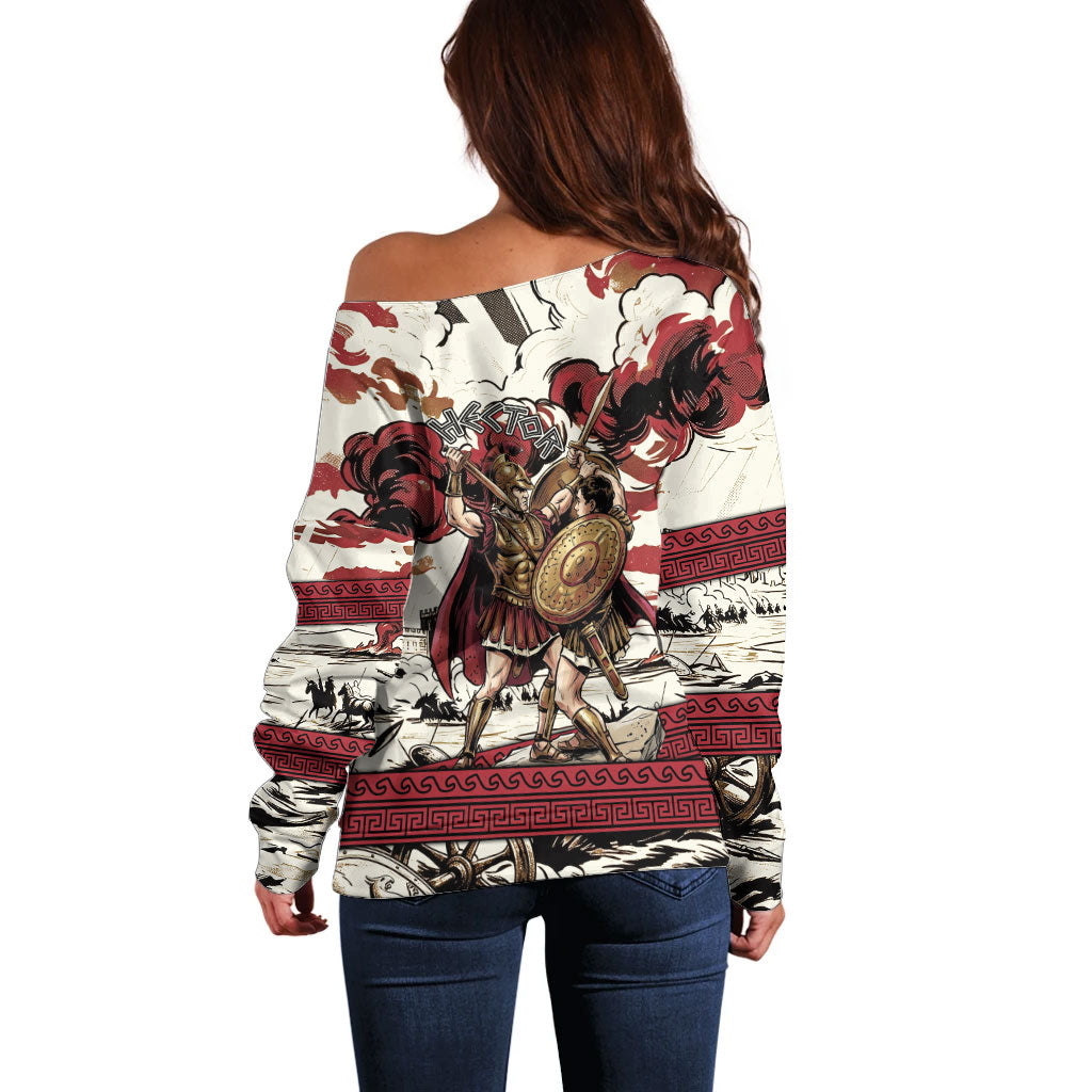 Hector Iliad Stood For Troy Off Shoulder Sweater Ancient Greek Trojan Prince Hector Sword Shield Battle