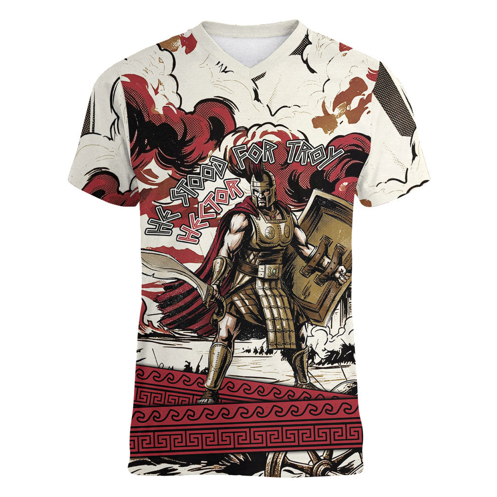 Hector Iliad Stood For Troy Women V-Neck T-Shirt Ancient Greek Trojan Prince Hector Sword Shield Battle