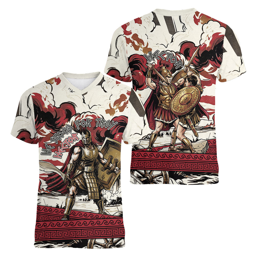 Hector Iliad Stood For Troy Women V-Neck T-Shirt Ancient Greek Trojan Prince Hector Sword Shield Battle