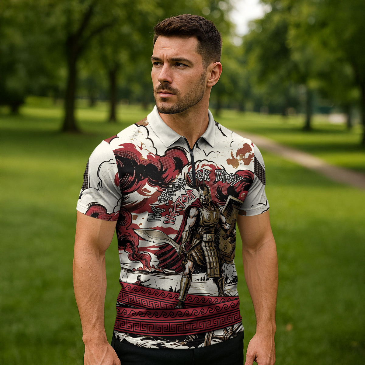 Hector Iliad Stood For Troy Zipper Polo Shirt Ancient Greek Trojan Prince Hector Sword Shield Battle