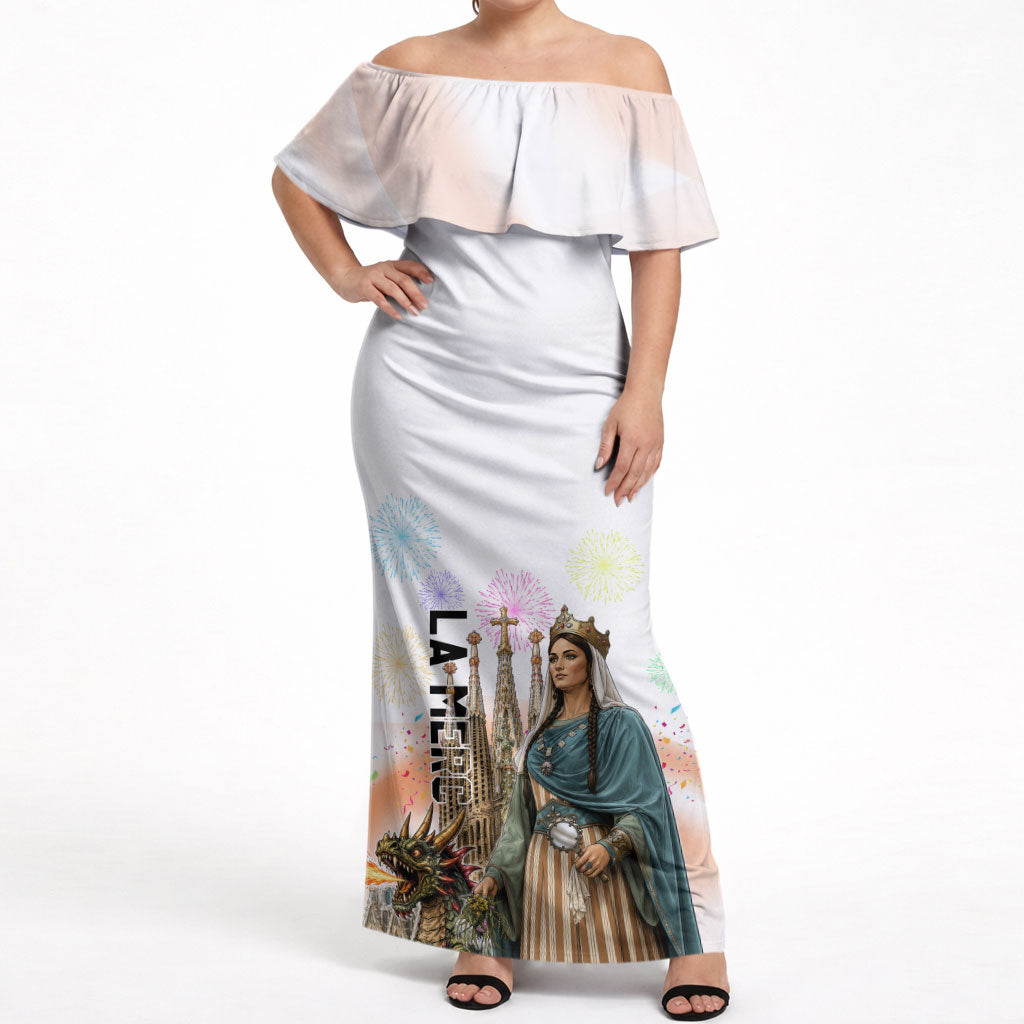 La Merce Festival Barcelona Off Shoulder Maxi Dress Catalan Culture Sagrada Familia Castellers