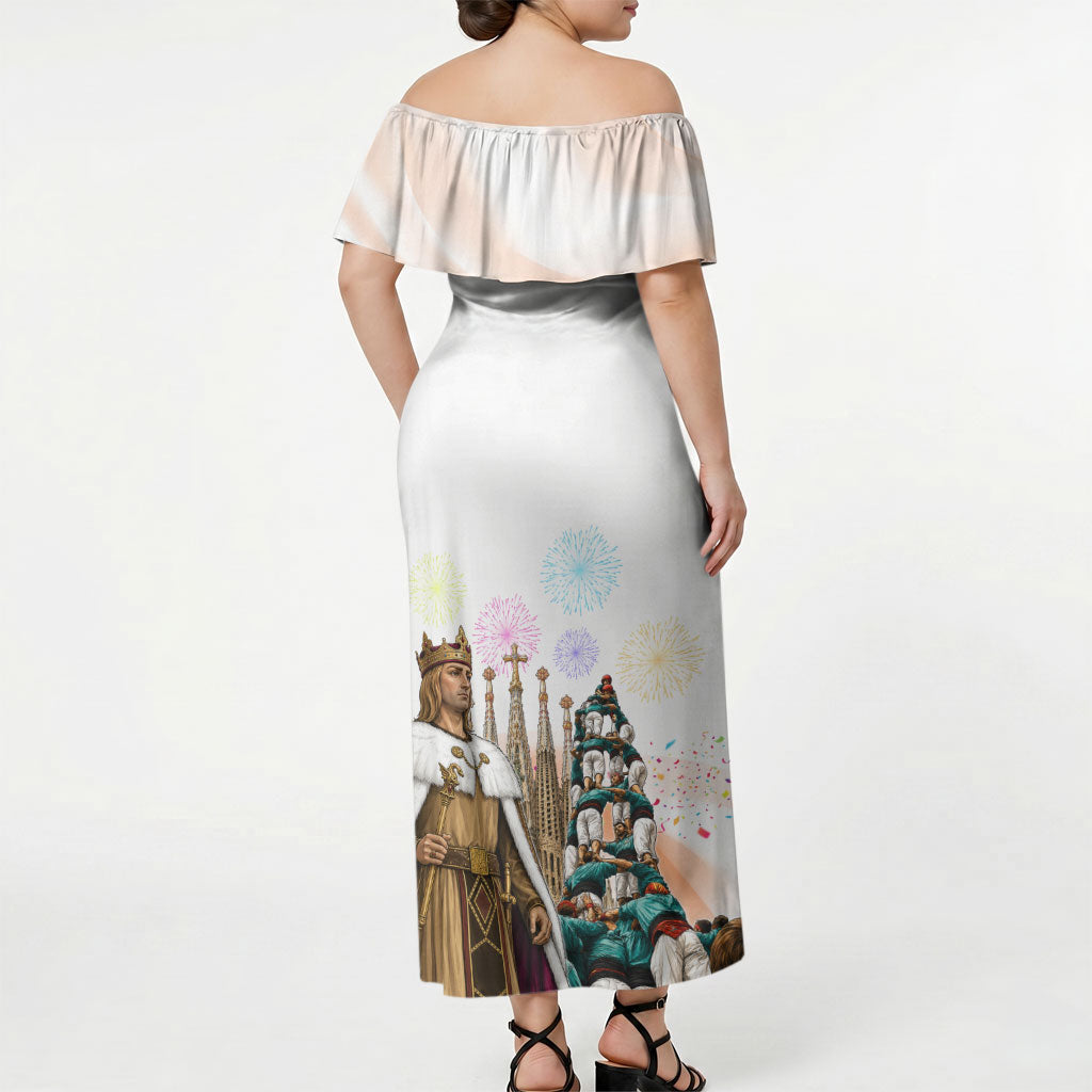 La Merce Festival Barcelona Off Shoulder Maxi Dress Catalan Culture Sagrada Familia Castellers