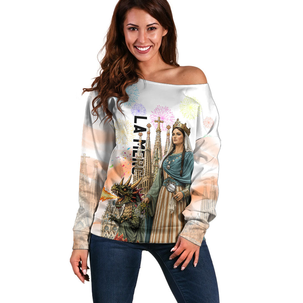 La Merce Festival Barcelona Off Shoulder Sweater Catalan Culture Sagrada Familia Castellers