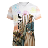 La Merce Festival Barcelona Women V-Neck T-Shirt Catalan Culture Sagrada Familia Castellers
