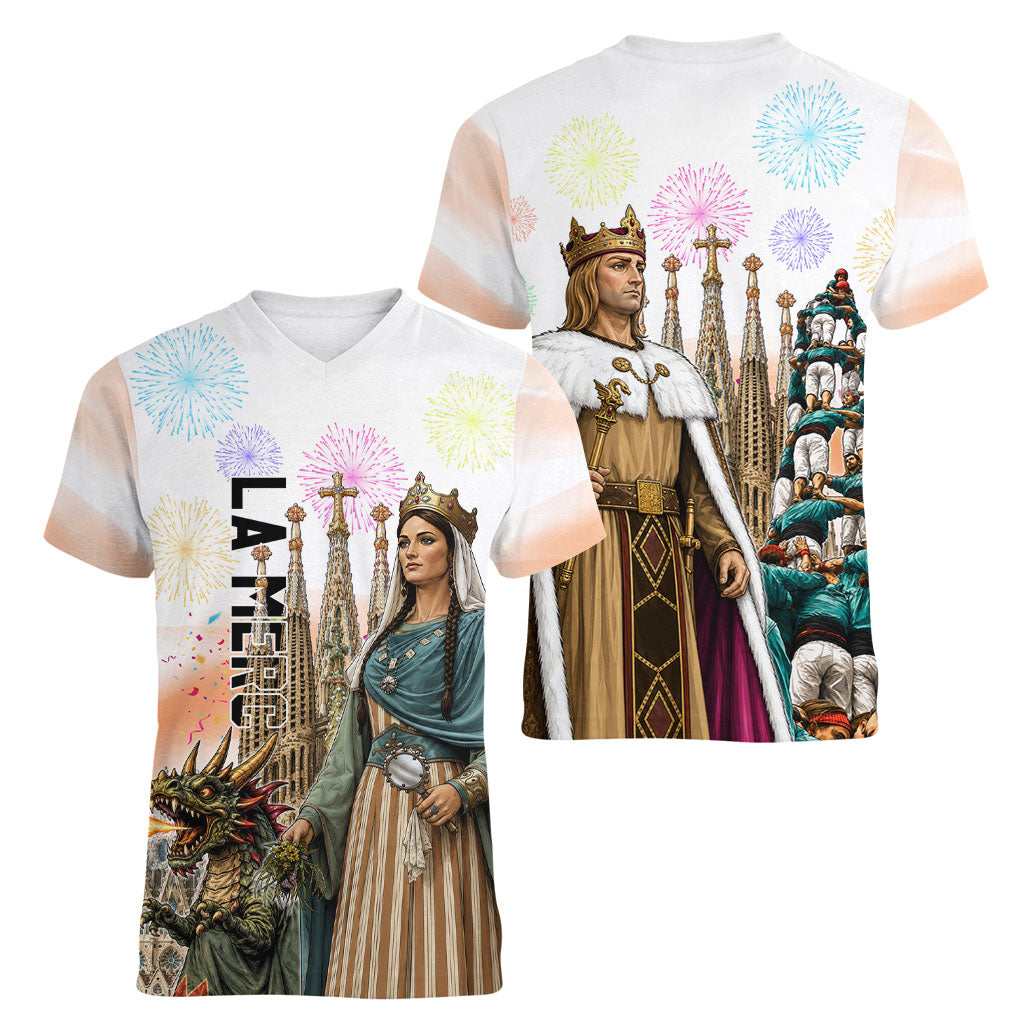 La Merce Festival Barcelona Women V-Neck T-Shirt Catalan Culture Sagrada Familia Castellers