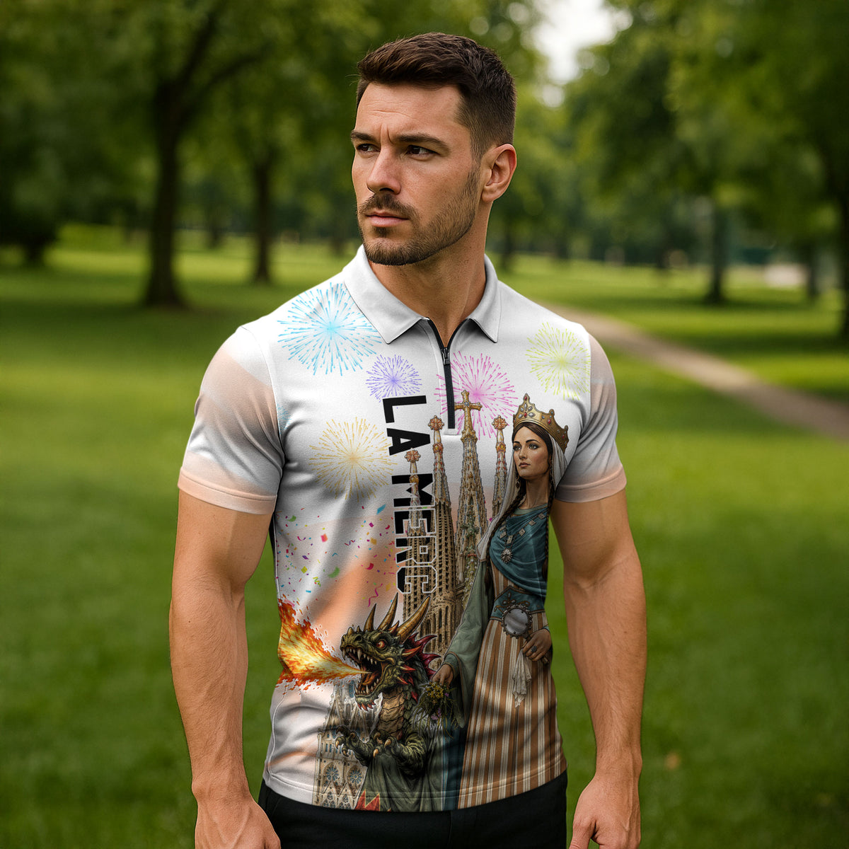 La Merce Festival Barcelona Zipper Polo Shirt Catalan Culture Sagrada Familia Castellers
