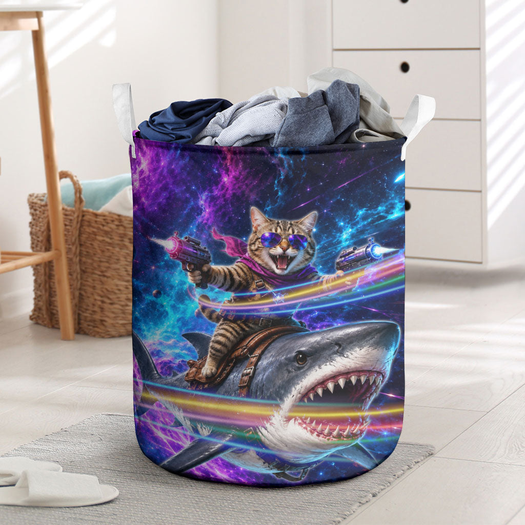 Cat Riding Shark In Space Laundry Basket Funny Cosmic Laser Cat And Shark Surreal Sci-Fi