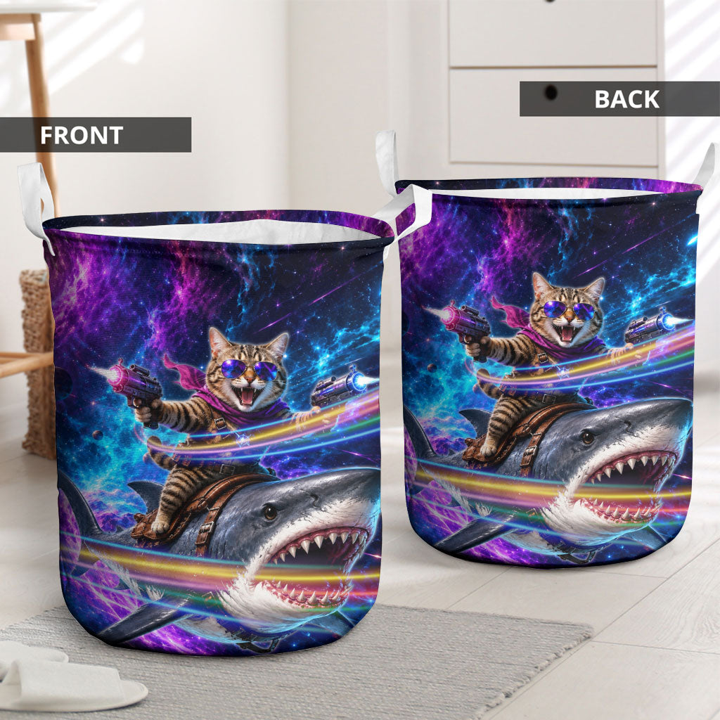 Cat Riding Shark In Space Laundry Basket Funny Cosmic Laser Cat And Shark Surreal Sci-Fi