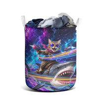 Cat Riding Shark In Space Laundry Basket Funny Cosmic Laser Cat And Shark Surreal Sci-Fi