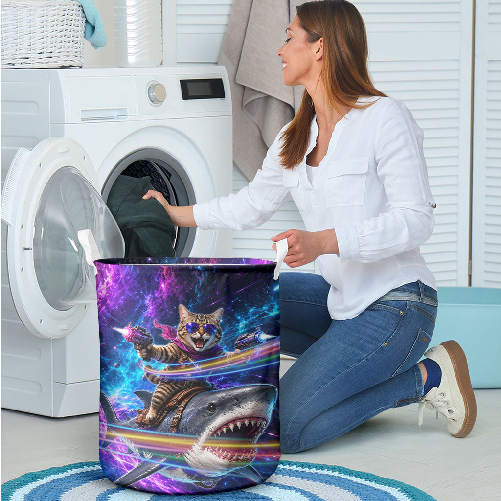 Cat Riding Shark In Space Laundry Basket Funny Cosmic Laser Cat And Shark Surreal Sci-Fi