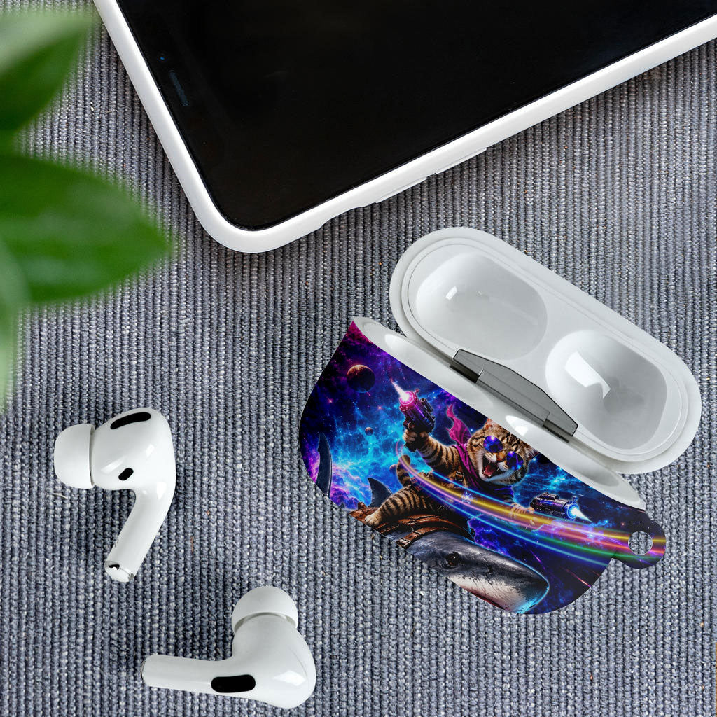 Cat Riding Shark In Space AirPods Case Funny Cosmic Laser Cat And Shark Surreal Sci-Fi