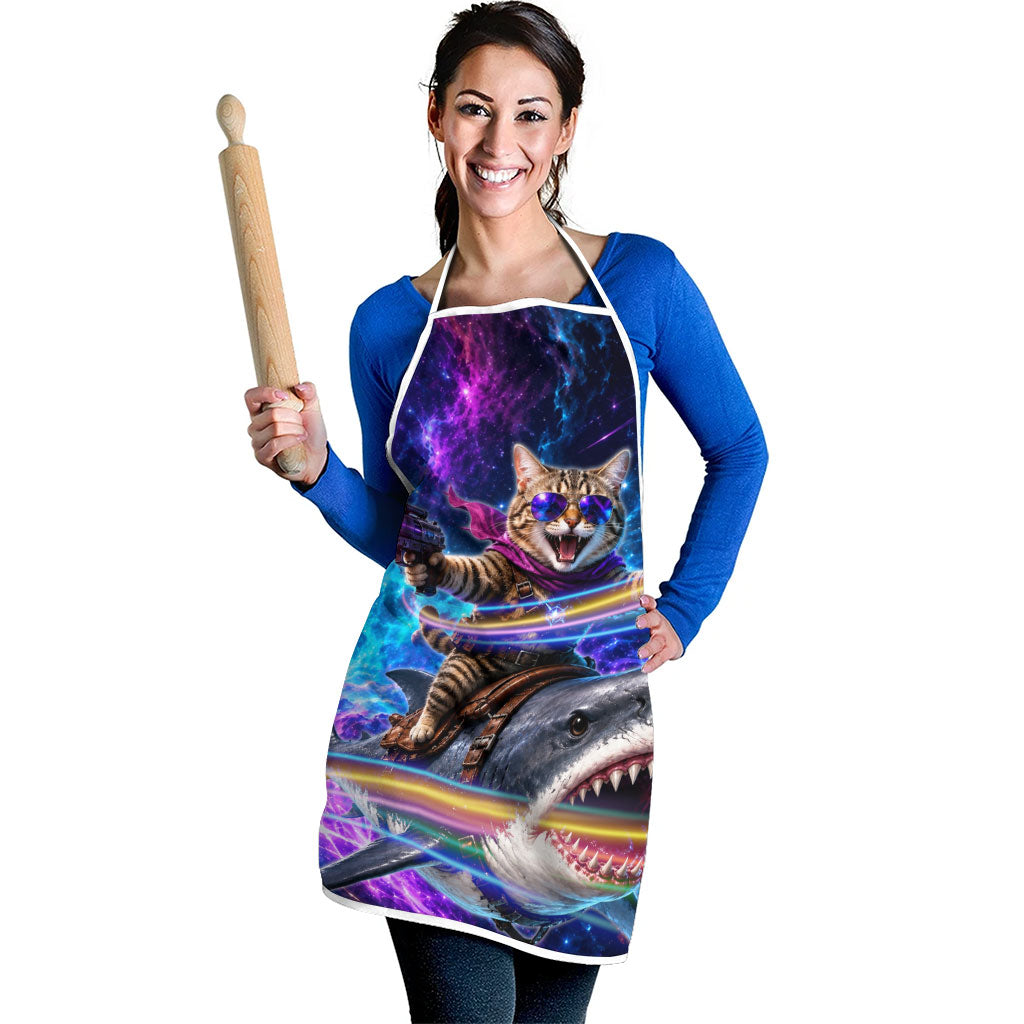 Cat Riding Shark In Space Apron Funny Cosmic Laser Cat And Shark Surreal Sci-Fi