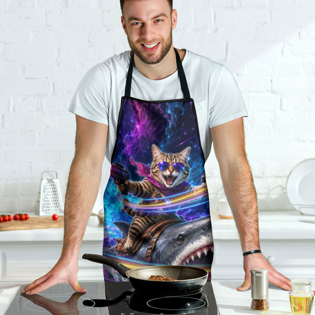 Cat Riding Shark In Space Apron Funny Cosmic Laser Cat And Shark Surreal Sci-Fi