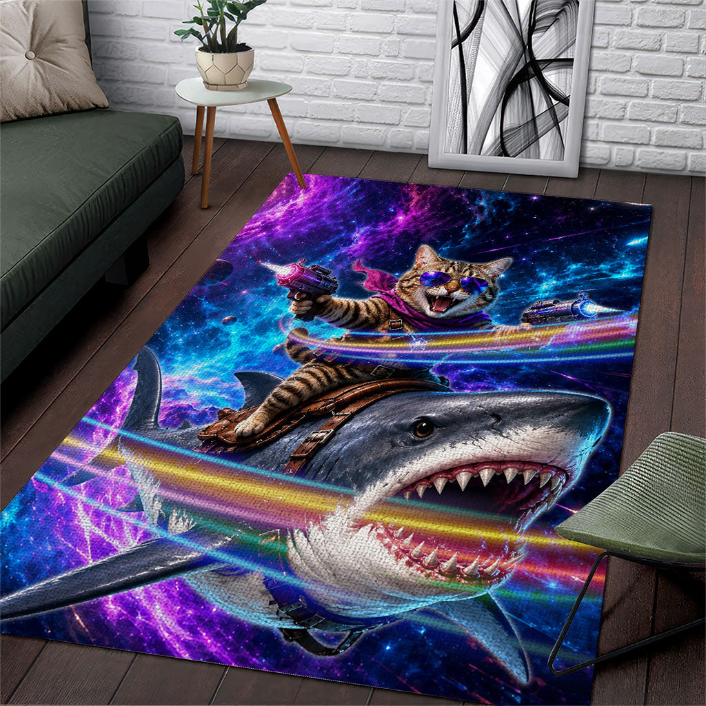 Cat Riding Shark In Space Area Rug Funny Cosmic Laser Cat And Shark Surreal Sci-Fi