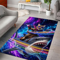 Cat Riding Shark In Space Area Rug Funny Cosmic Laser Cat And Shark Surreal Sci-Fi