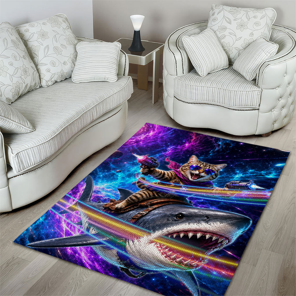 Cat Riding Shark In Space Area Rug Funny Cosmic Laser Cat And Shark Surreal Sci-Fi