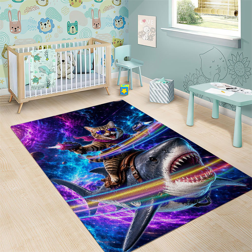 Cat Riding Shark In Space Area Rug Funny Cosmic Laser Cat And Shark Surreal Sci-Fi