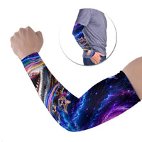 Cat Riding Shark In Space Arm Sleeves Funny Cosmic Laser Cat And Shark Surreal Sci-Fi