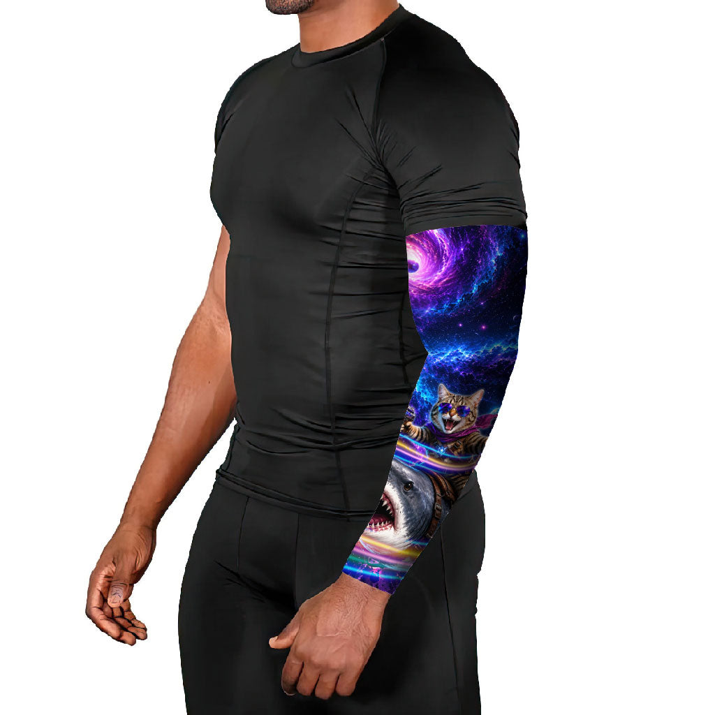 Cat Riding Shark In Space Arm Sleeves Funny Cosmic Laser Cat And Shark Surreal Sci-Fi