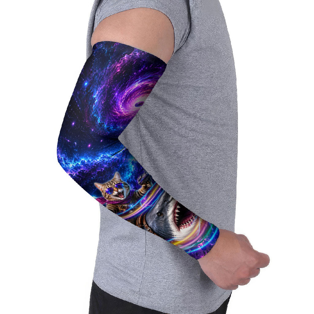 Cat Riding Shark In Space Arm Sleeves Funny Cosmic Laser Cat And Shark Surreal Sci-Fi