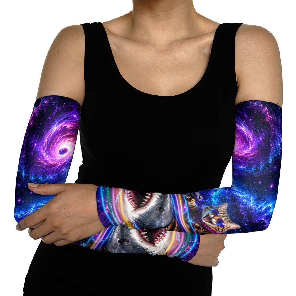 Cat Riding Shark In Space Arm Sleeves Funny Cosmic Laser Cat And Shark Surreal Sci-Fi