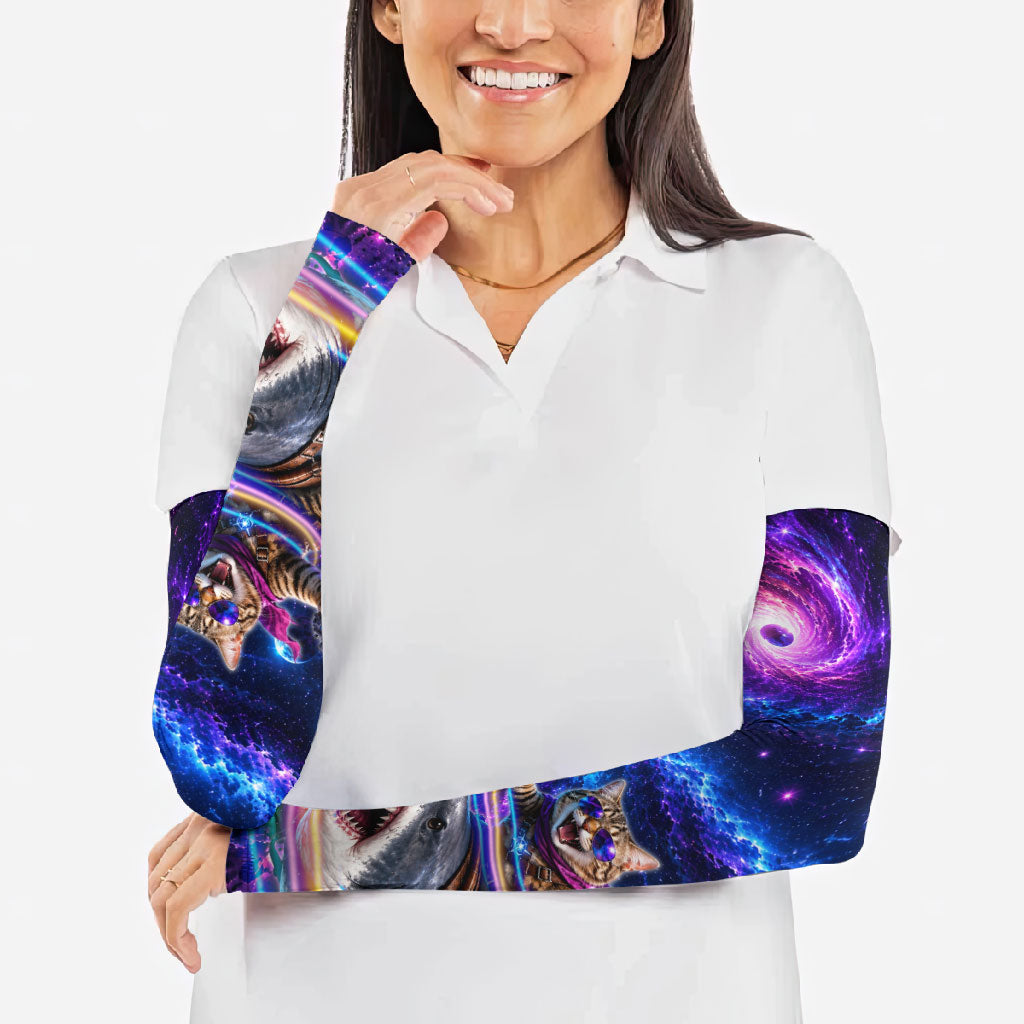 Cat Riding Shark In Space Arm Sleeves Funny Cosmic Laser Cat And Shark Surreal Sci-Fi