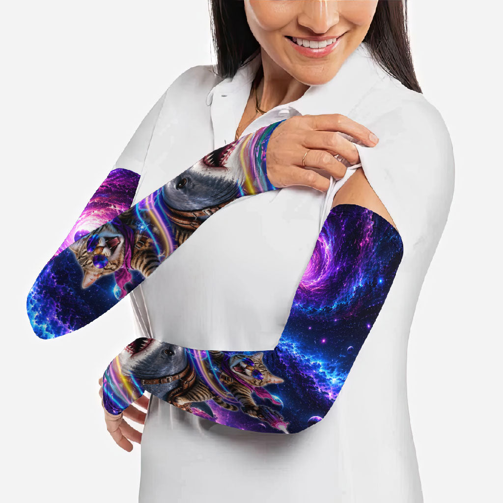 Cat Riding Shark In Space Arm Sleeves Funny Cosmic Laser Cat And Shark Surreal Sci-Fi