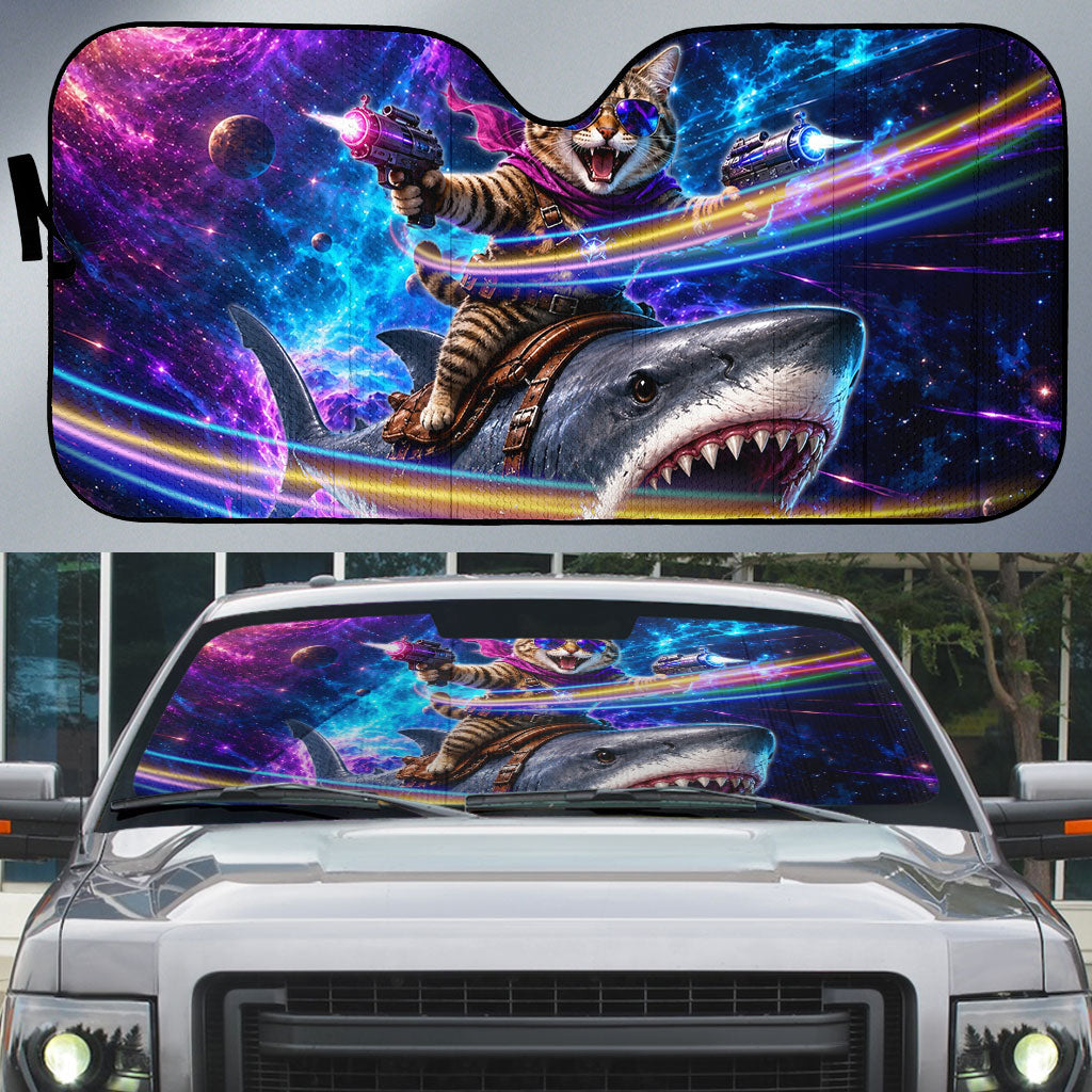 Cat Riding Shark In Space Auto Sun Shade Funny Cosmic Laser Cat And Shark Surreal Sci-Fi