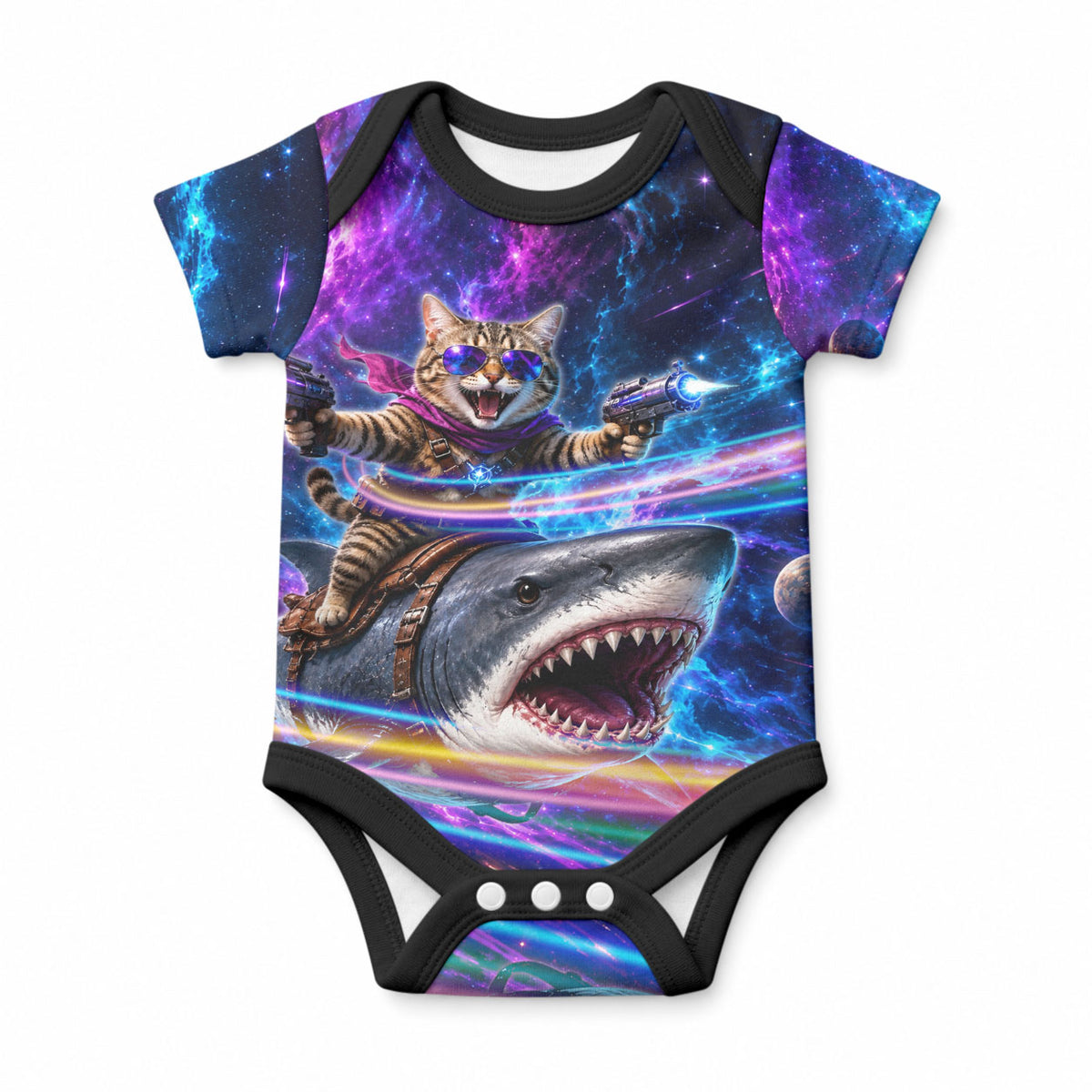 Cat Riding Shark In Space Baby Onesie Funny Cosmic Laser Cat And Shark Surreal Sci-Fi