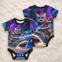 Cat Riding Shark In Space Baby Onesie Funny Cosmic Laser Cat And Shark Surreal Sci-Fi