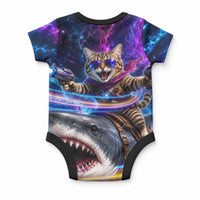 Cat Riding Shark In Space Baby Onesie Funny Cosmic Laser Cat And Shark Surreal Sci-Fi