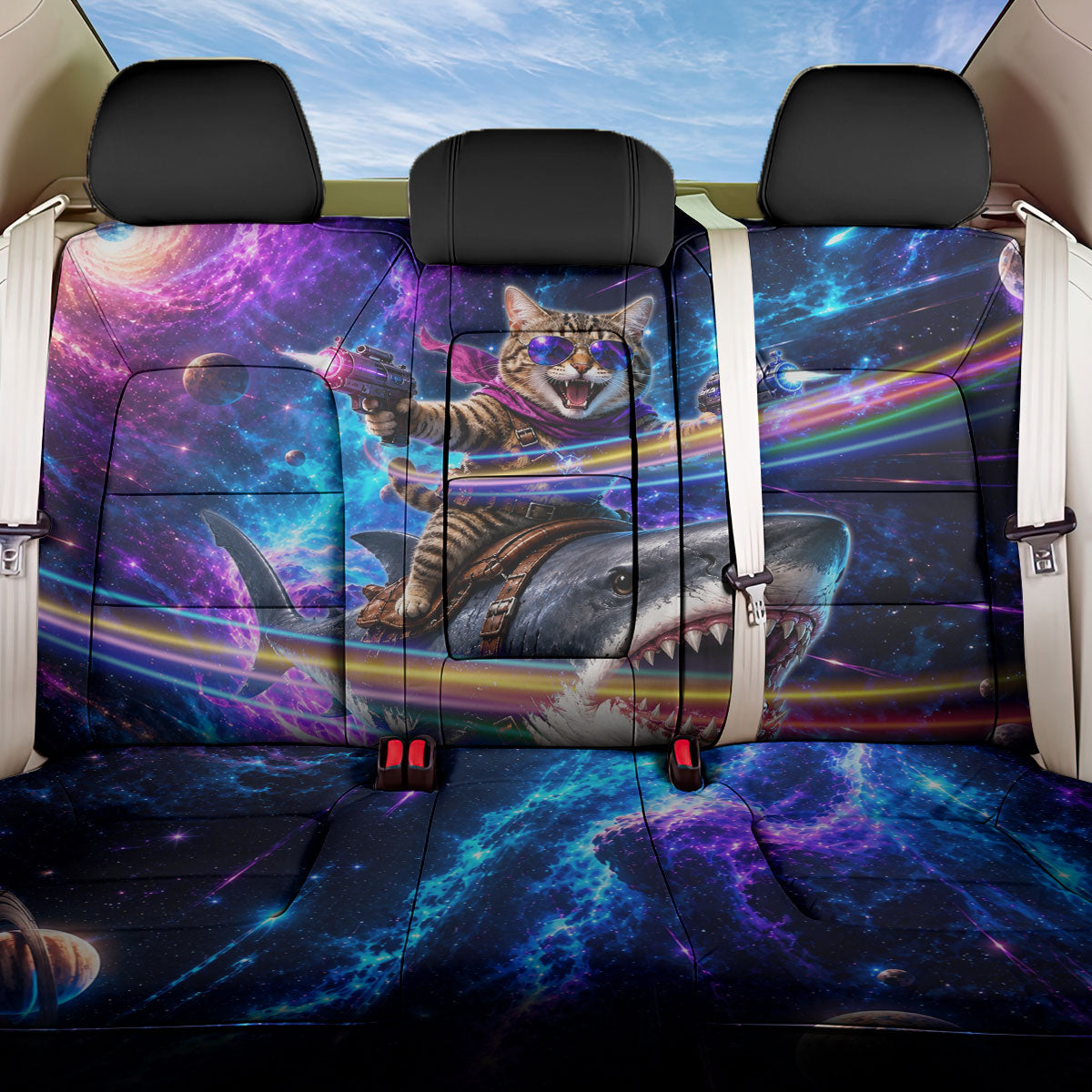 Cat Riding Shark In Space Back Car Seat Cover Funny Cosmic Laser Cat And Shark Surreal Sci-Fi