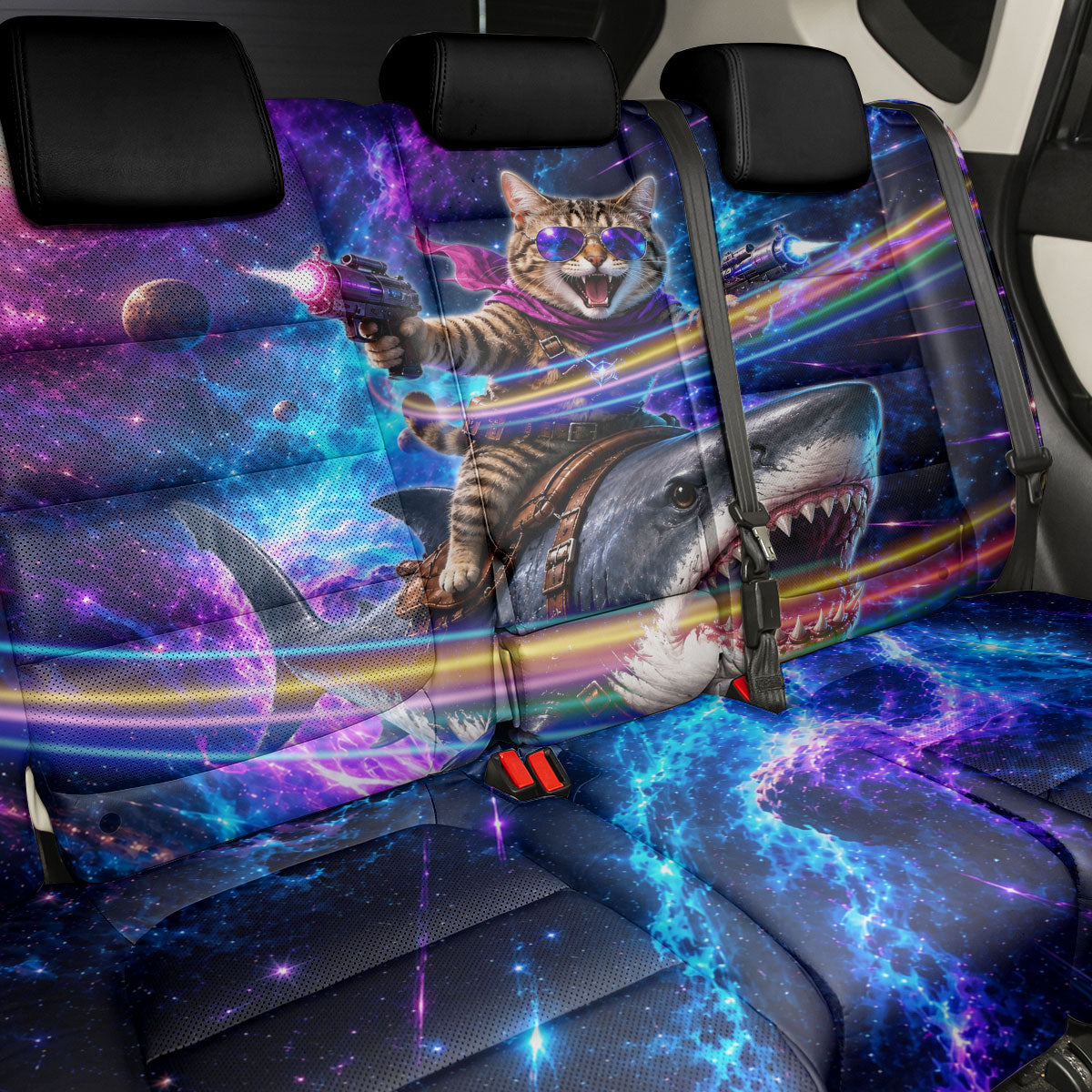 Cat Riding Shark In Space Back Car Seat Cover Funny Cosmic Laser Cat And Shark Surreal Sci-Fi