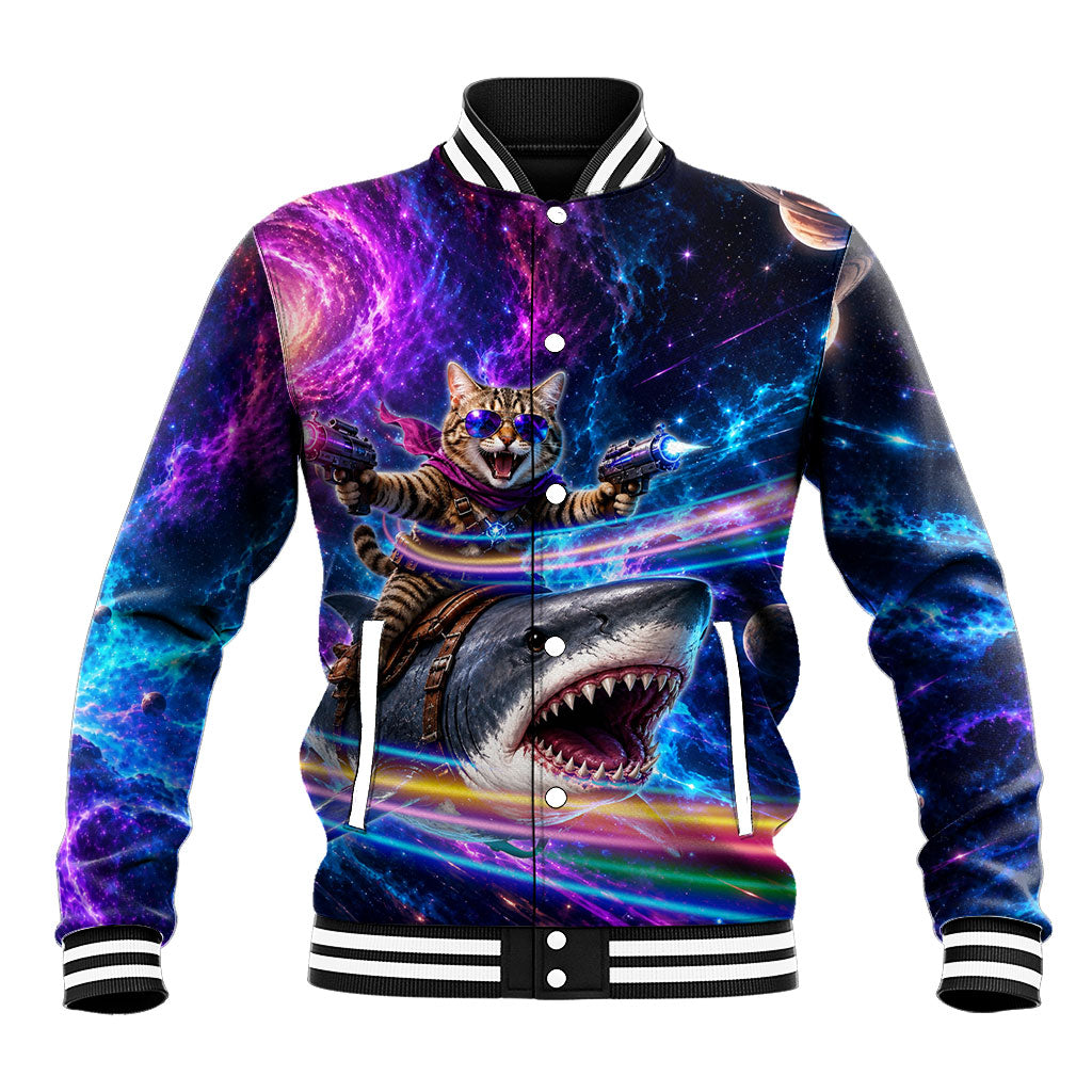 Cat Riding Shark In Space Baseball Jacket Funny Cosmic Laser Cat And Shark Surreal Sci-Fi