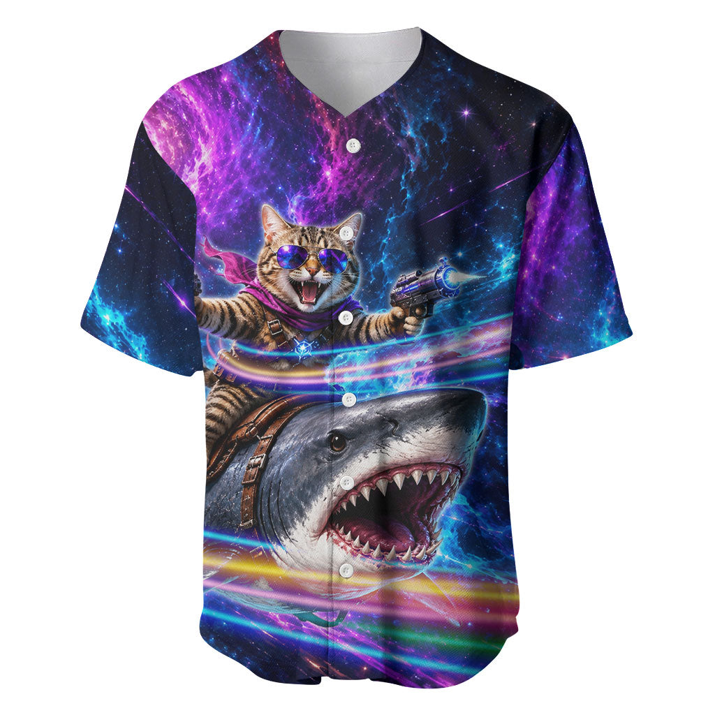 Cat Riding Shark In Space Baseball Jersey Funny Cosmic Laser Cat And Shark Surreal Sci-Fi