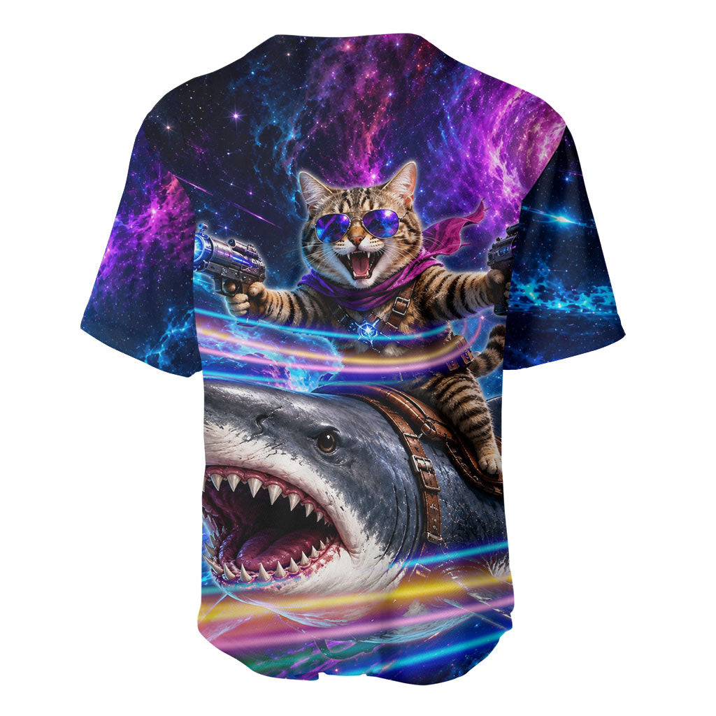 Cat Riding Shark In Space Baseball Jersey Funny Cosmic Laser Cat And Shark Surreal Sci-Fi