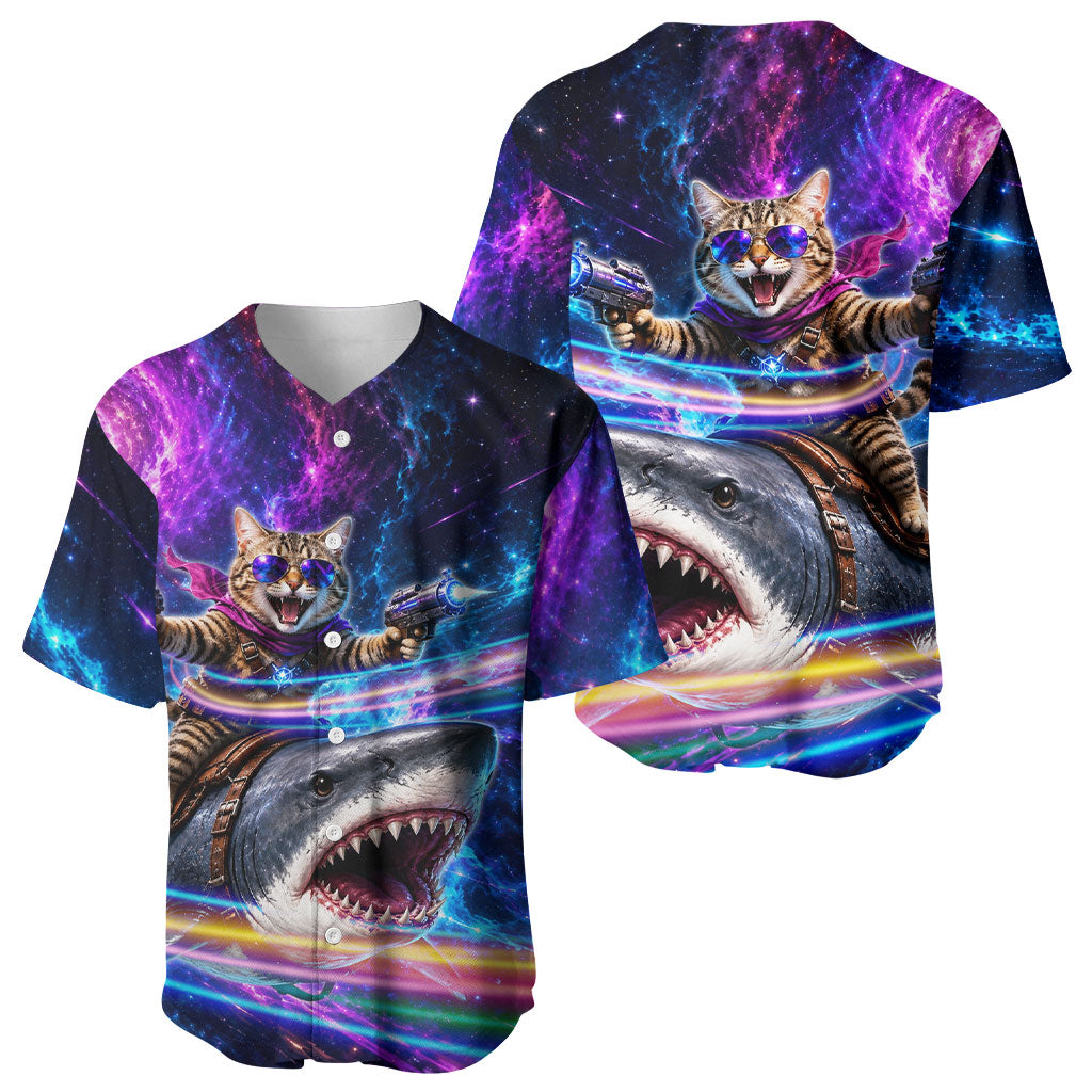 Cat Riding Shark In Space Baseball Jersey Funny Cosmic Laser Cat And Shark Surreal Sci-Fi