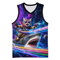 Cat Riding Shark In Space Basketball Jersey Funny Cosmic Laser Cat And Shark Surreal Sci-Fi