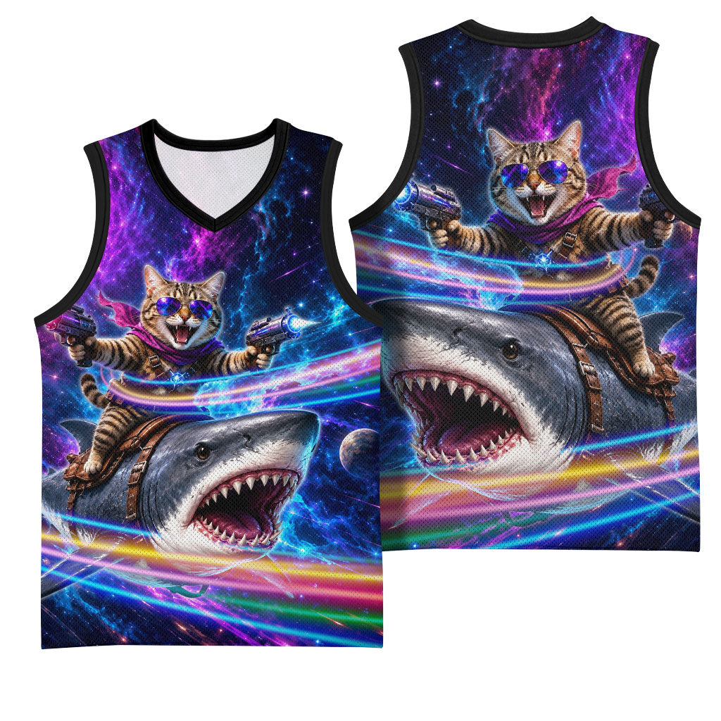 Cat Riding Shark In Space Basketball Jersey Funny Cosmic Laser Cat And Shark Surreal Sci-Fi