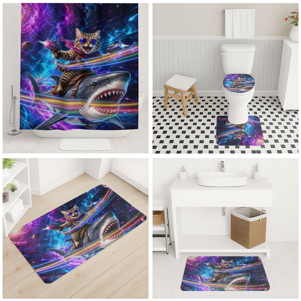 Cat Riding Shark In Space Bathroom Set Funny Cosmic Laser Cat And Shark Surreal Sci-Fi