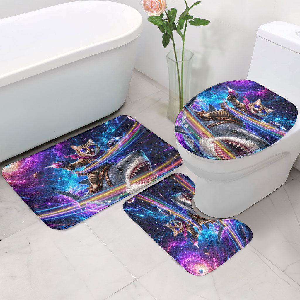 Cat Riding Shark In Space Bathroom Set Funny Cosmic Laser Cat And Shark Surreal Sci-Fi