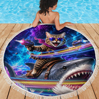 Cat Riding Shark In Space Beach Blanket Funny Cosmic Laser Cat And Shark Surreal Sci-Fi