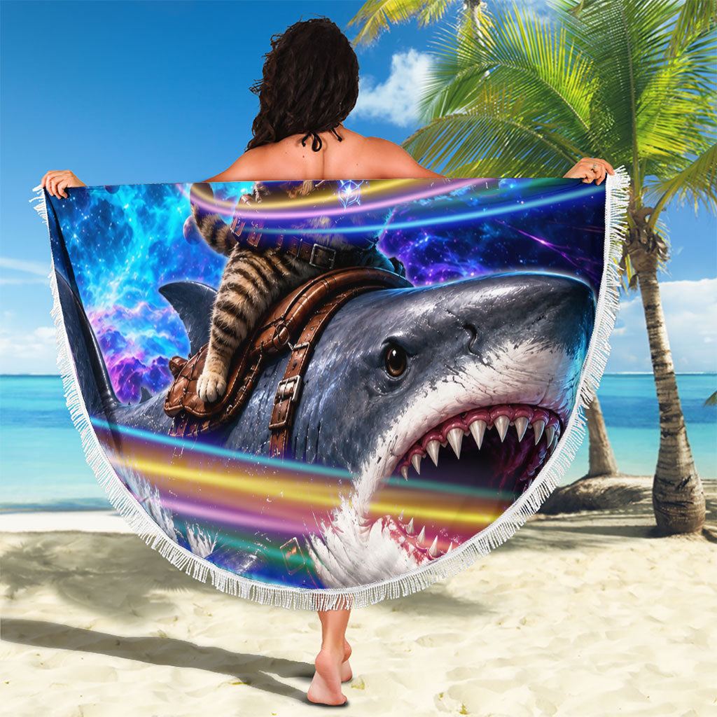 Cat Riding Shark In Space Beach Blanket Funny Cosmic Laser Cat And Shark Surreal Sci-Fi