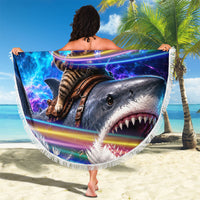 Cat Riding Shark In Space Beach Blanket Funny Cosmic Laser Cat And Shark Surreal Sci-Fi