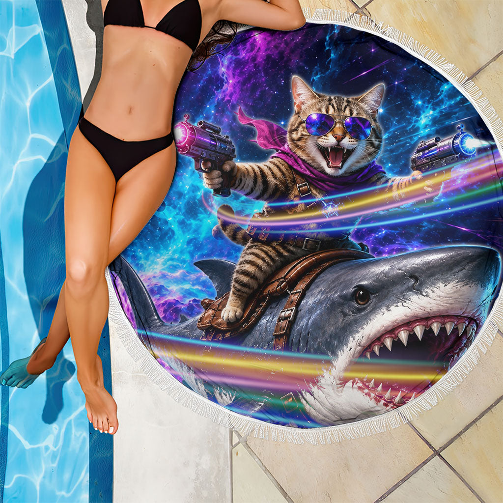 Cat Riding Shark In Space Beach Blanket Funny Cosmic Laser Cat And Shark Surreal Sci-Fi