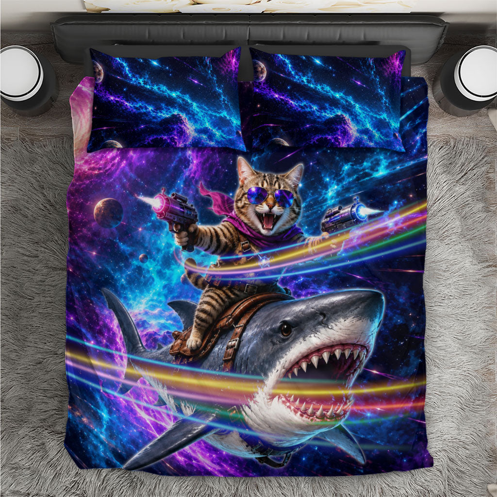 Cat Riding Shark In Space Bedding Set Funny Cosmic Laser Cat And Shark Surreal Sci-Fi