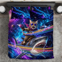 Cat Riding Shark In Space Bedding Set Funny Cosmic Laser Cat And Shark Surreal Sci-Fi