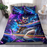Cat Riding Shark In Space Bedding Set Funny Cosmic Laser Cat And Shark Surreal Sci-Fi